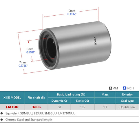 Detailed view of an LM3UU linear bearing with measurements for CNC and 3D printers, showcasing chrome steel construction and double seal design.
