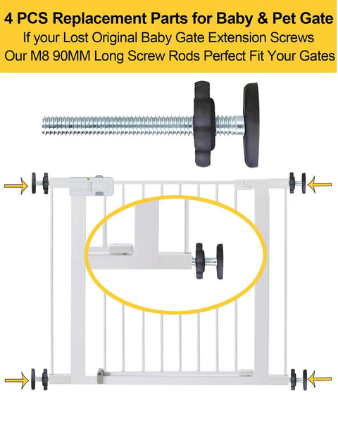 4 Pack Heavy Duty Threaded Spindle Rods Tension Bolts M8 Replacement Hardware Kit For Baby And Pet Safety Gates shown with a baby gate.