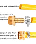 Brass Garden Hose Connector Repair Kit With Stainless Clamp Fits One Half Inch Water Hose Fitting Barb To Three Quarter Inch GHT Leak Proof Quick Connect DIY Friendly Easy To Install Durable showing assembly with yellow hose and stainless clamp