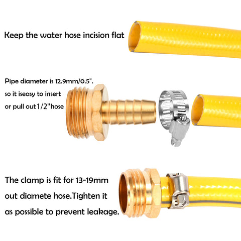 Brass Garden Hose Connector Repair Kit With Stainless Clamp Fits One Half Inch Water Hose Fitting Barb To Three Quarter Inch GHT Leak Proof Quick Connect DIY Friendly Easy To Install Durable showing assembly with yellow hose and stainless clamp