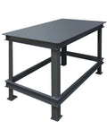 Extra Heavy Duty Machine Table With 14000 Lbs Capacity Solid Steel Workbench Industrial Shop Table fully assembled gray finish side angle view.