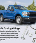 Gas Door Hinge Kit With Aluminum Spring Pin For 2015 2024 F150 Permanent Fuel Door Repair Fix No More Loose Gas Cap Rust Proof Easy Bolt On Upgrade Durable Aluminum Construction displayed next to a blue Ford F-150 truck