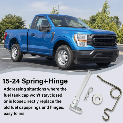 Gas Door Hinge Kit With Aluminum Spring Pin For 2015 2024 F150 Permanent Fuel Door Repair Fix No More Loose Gas Cap Rust Proof Easy Bolt On Upgrade Durable Aluminum Construction displayed next to a blue Ford F-150 truck