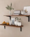 Built Tough 18 Inch Heavy Duty Shelf Brackets 8 Pack, supporting wooden shelves with decor in a modern setting.