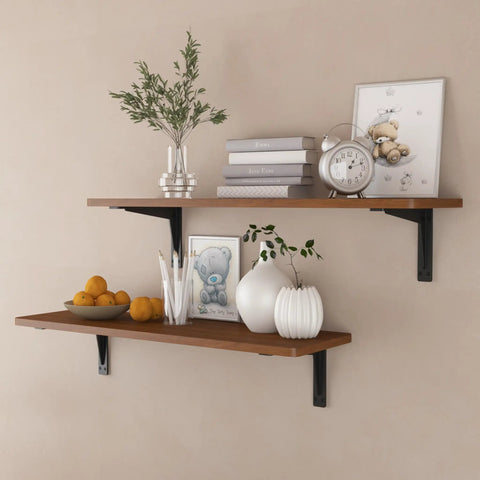 Built Tough 18 Inch Heavy Duty Shelf Brackets 8 Pack, supporting wooden shelves with decor in a modern setting.
