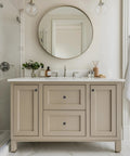 Five Pack Matte Black Cabinet Knobs And Drawer Pulls 1-1/4 Inch Round Hardware on bathroom vanity with modern decor