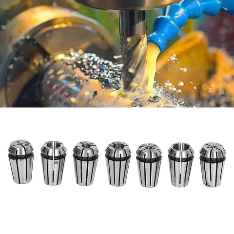 Pro Grade Seven Piece ER Spring Collet Set 1.0mm To 7.0mm For CNC Milling And Drilling, high precision collets displayed in a row