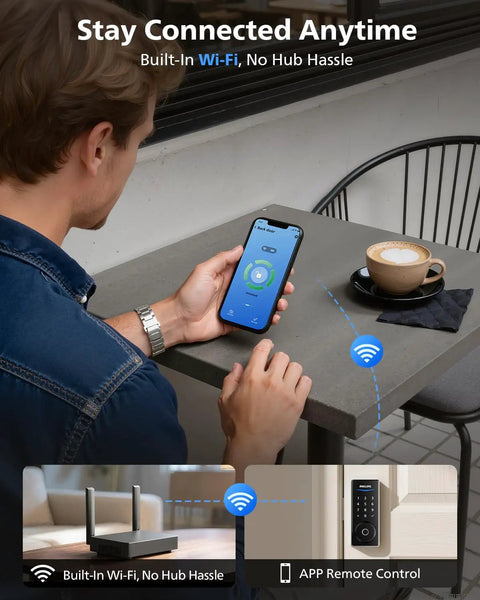 Wifi Smart Deadbolt Lock Set With Two Lever Handles And Keypad Front Door Upgrade Level Up Your Home Security With This No Fuss Install And Reliable Remote Access For Everyday Grind. Man using phone to control smart lock.