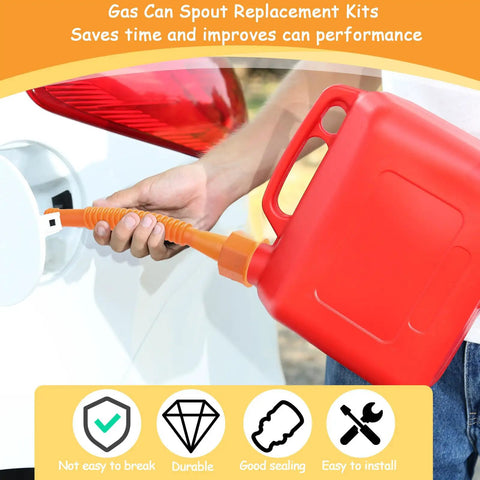 12 Pack Gas Can Spout Replacement Kit With Bendable Nozzle Screw Collar Caps Gasket Stoppers And Vent Caps For Most Oil Gas Water Cans Orange For Home Use shown being used to fill car's fuel tank