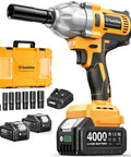 Half Inch Cordless Impact Wrench With Brushless Motor 1032 Foot Pounds Beefy Torque 1400 Newton Meters Electric Impact Driver Kit With 2X 4Ah Batteries LED Light Charger Six Sockets And Three Speed Settings For Car Truck Mower.