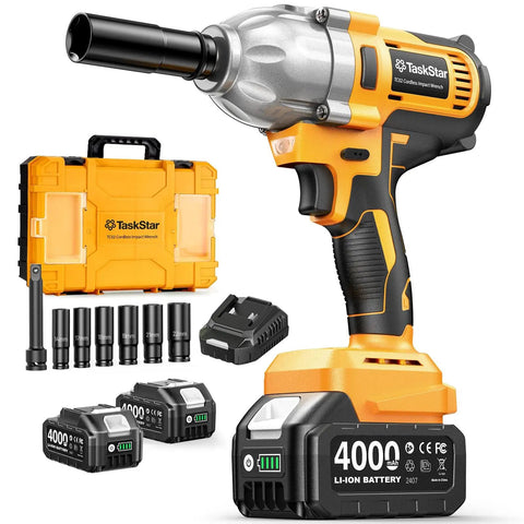 Half Inch Cordless Impact Wrench With Brushless Motor 1032 Foot Pounds Beefy Torque 1400 Newton Meters Electric Impact Driver Kit With 2X 4Ah Batteries LED Light Charger Six Sockets And Three Speed Settings For Car Truck Mower.