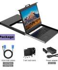 1U Rackmount KVM Switch Console Featuring 19 Inch LCD Display Integrated Keyboard And Touchpad Eight Port VGA Server Manager displayed with VGA cables and power adapter.
