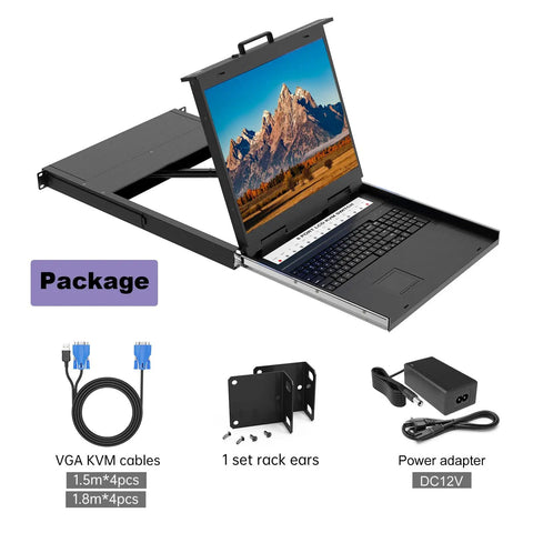 1U Rackmount KVM Switch Console Featuring 19 Inch LCD Display Integrated Keyboard And Touchpad Eight Port VGA Server Manager displayed with VGA cables and power adapter.