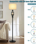 Farmhouse Floor Lamp With Night Light And Retro Vibe, Black Tall Standing Light For Living Room, featuring fabric drum shade.