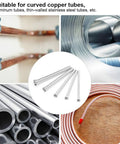 5 Piece Super Elastic Steel Pipe Bender Set For Curving Copper Aluminum Stainless Steel Tubes High Density Construction Protects Pipes From Scratches Durable Tool For Pros And DIY Enthusiasts Making Perfect Bends Effortlessly Without Crimping, featuring aluminum and copper pipes.