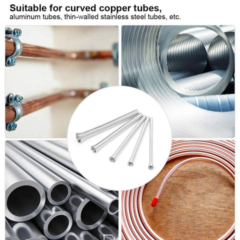 5 Piece Super Elastic Steel Pipe Bender Set For Curving Copper Aluminum Stainless Steel Tubes High Density Construction Protects Pipes From Scratches Durable Tool For Pros And DIY Enthusiasts Making Perfect Bends Effortlessly Without Crimping, featuring aluminum and copper pipes.