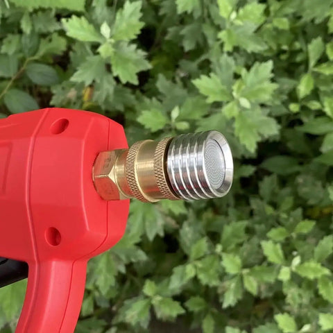 Pressure Washer Spray Nozzle Tip Soft Rain Shower Head with One Quarter Quick Connect Adapter attached to red gun