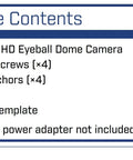 Package contents listing for 4MP Quad HD Outdoor Security Dome Camera With 3.6mm Lens 80ft Night Vision Weatherproof Housing