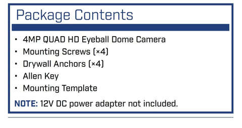 Package contents listing for 4MP Quad HD Outdoor Security Dome Camera With 3.6mm Lens 80ft Night Vision Weatherproof Housing