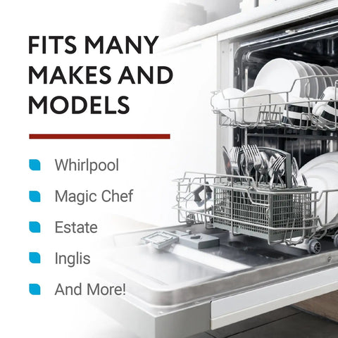 Open dishwasher showing Undercounter Dishwasher Bracket Replacement Kit compatibility with various makes and models.