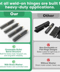 4 Pack 4 Inch Heavy Duty Carbon Steel Weld On Hinges With Grease Fitting Beefy Bullet Barrel Design comparison with other hinge types.