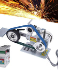 Buff And Polish Like A Pro With This Heavy Duty 550W Brushless Motor Belt Sander Machine Featuring 762 X 25Mm Vertical Design For Precision Grinding Sharpening And Finishing Tasks On Your Next Big Project showing the sander with blue belt and control panel.