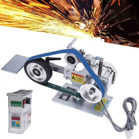 Buff And Polish Like A Pro With This Heavy Duty 550W Brushless Motor Belt Sander Machine Featuring 762 X 25Mm Vertical Design For Precision Grinding Sharpening And Finishing Tasks On Your Next Big Project showing the sander with blue belt and control panel.