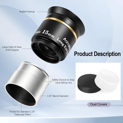 1.25 Inch HD Fully Multi Coated Eyepiece with Long Eye Relief, 66 Degree Ultra Wide Angle for Astronomy Telescopes, Dust Covers