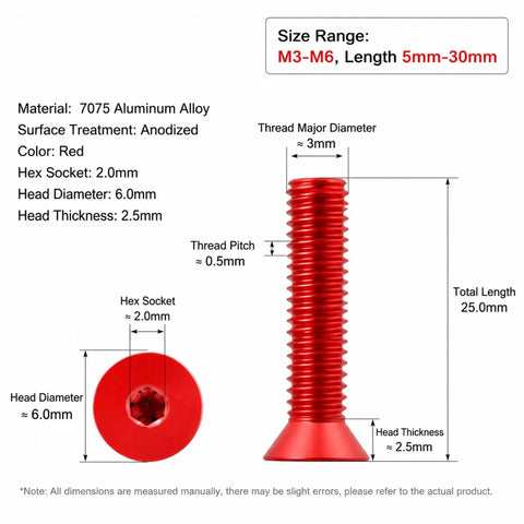 Get These Rad Colored Alumina Countersunk Head Screws In Hex Shape For Your Model Build Featuring M3 M4 M5 M6 Sizes To Fix Hardware Fast Without Hassle Or Matchup Issues, red anodized aluminum, size M3-M6, length 25mm.