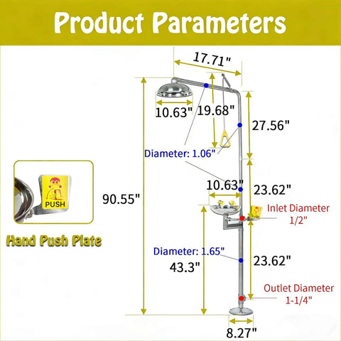 Heavy Duty Combo Emergency Shower Eye Wash Station Standing A Solid Ninety Inches Tall Forged From Premium 304 Stainless Steel with product parameters.