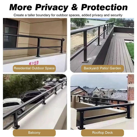 Tall Modern Metal Balcony Railing Extension Kit For Decks And Patios 8 10 12 14 16 20 Inch shown on balconies and patios.