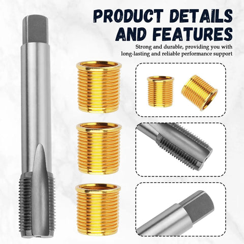 Spark Plug Thread Repair Kit With M16x1.25 Tap And 10 M14x1.25 Thread Inserts for automotive engines and generators, side view.