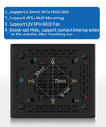 Beefy Fanless Mini Pc Powered By The Snappy Intel Celeron J6413 Chip Coupled With Four Rock Solid 2.5GbE Ports For Seamless Opnsense Routing, Loaded With 32Gb Ram And 512Gb Nvme Storage, Homelab Ready with rear panel showing mounting options.