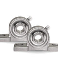 1-Inch Bore Twin-Pack Pillow-Block Bearing, Two-Bolt Flange-Mounted Stainless Steel Housing Self-Aligning Assembly front view