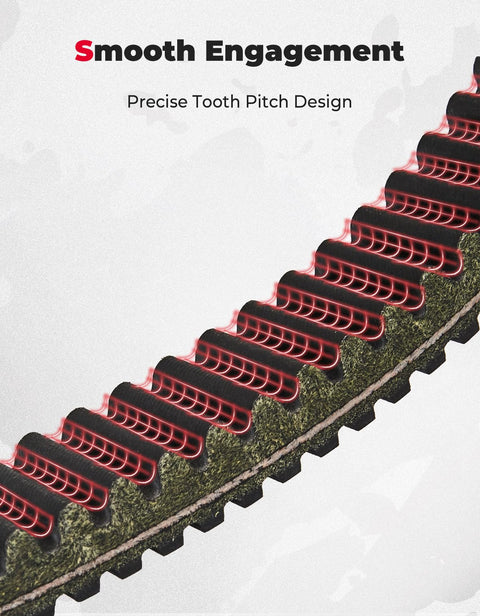 Can Am UTV Drive Belt For Defender Max Sport Trail With Four Layer Chloroprene Rubber Construction, Polyester Cord And Friction Nylon Fabric, Delivers Smooth RPM Engagement And Reliable Performance For Work, Hunting, And Off Road Adventures. close-up tooth pitch design