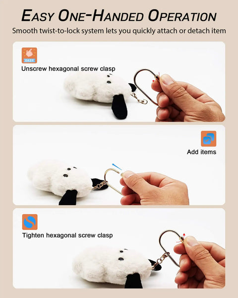 Holding brass gold carabiner clip with screw lock showing easy one-handed operation on plush toy
