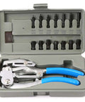 Hand Held Power Punch And Sheet Metal Hole Punch Kit with sizes from 3/32 inch to 9/32 inch, featuring blue-handled tool in case