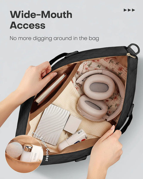 Inside view of a Spacious Travel Duffel Bag For Women With Shoe Compartment And Carry On Weekender Tote showing accessories packed