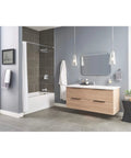 Modern bathroom with Tallinn Single Hole Bathroom Faucet With Single Handle In Chrome, mounted on a sleek vanity.