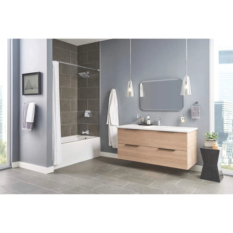 Modern bathroom with Tallinn Single Hole Bathroom Faucet With Single Handle In Chrome, mounted on a sleek vanity.