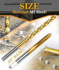 Heavy Duty One Quarter Inch 20 UNC Tap And No 7 Drill Bit Kit For Metalworking, close-up of titanium plated M2 HSS tools