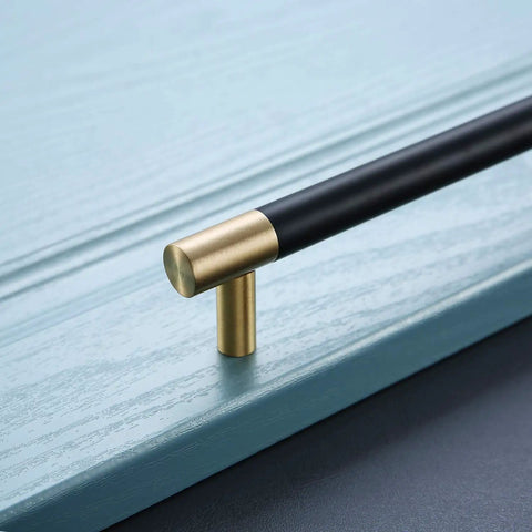 Slick Bar Cabinet Handle Pull Dope 6 Inch T Bar Solid Copper With Brushed Satin Gold Brass Finish And Electroplated Matte Black