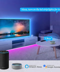 33 Feet LED Strip Lights With App Control And Voice Assistant Compatibility RGB Color Changing Mood Lights in a living room.