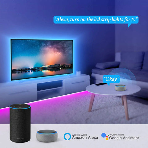 33 Feet LED Strip Lights With App Control And Voice Assistant Compatibility RGB Color Changing Mood Lights in a living room.