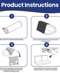 Product instructions for assembling a cushion set, including steps for unrolling, inserting foam, and zipping cover.