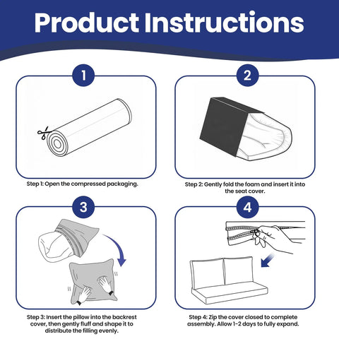 Product instructions for assembling a cushion set, including steps for unrolling, inserting foam, and zipping cover.