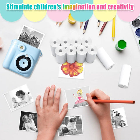 12 Rolls Instant Print Paper for Kids Cameras Refill Thermal Photo Paper Rolls 2.2 in by 20 ft Each Roll Printing About 75 to 90 Photos White Paper Compatible with Most Kids Instant Cameras, with kids camera and prints
