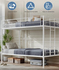 Heavy Duty Twin Over Twin Metal Bunk Bed With Sturdy Steel Ladder High Safety Guardrails Built Tough For Kids Teens Adults Dorm Room Extra Thick Steel Slats Keep It Rock Solid And Totally Squeak Free White, designed for easy cleaning and assembly.