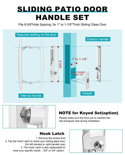 Super Slick White Diecast Sliding Patio Door Handle Set with dimensions for 1 to 1 1/8 inch thick glass doors.
