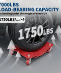Heavy Duty Wheel Dolly Set Of 4 With 7000 Lbs Capacity Red Steel Dollies For Cars And Trucks Beefy Reinforced Base Smooth Roll Durable Shop Grade Gear For Easy Tire Changes. 7000 lbs load-bearing red steel wheel dolly under SUV tire